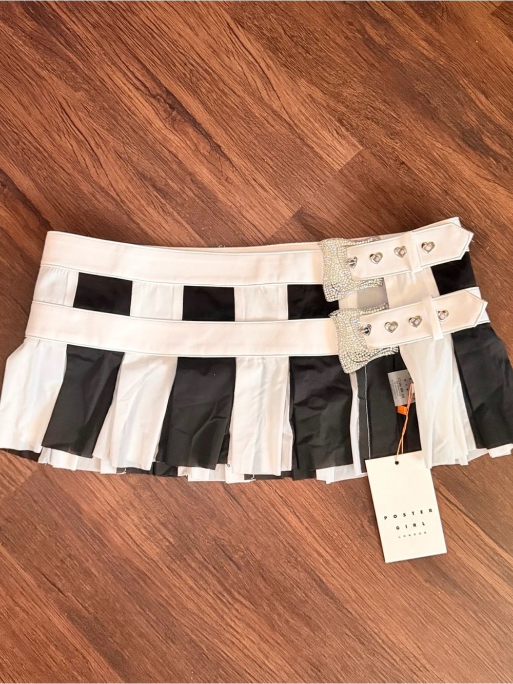 POSTER GIRL Black and White Pleated Mini Skirt PENALTY SKIRT Buckles NWT